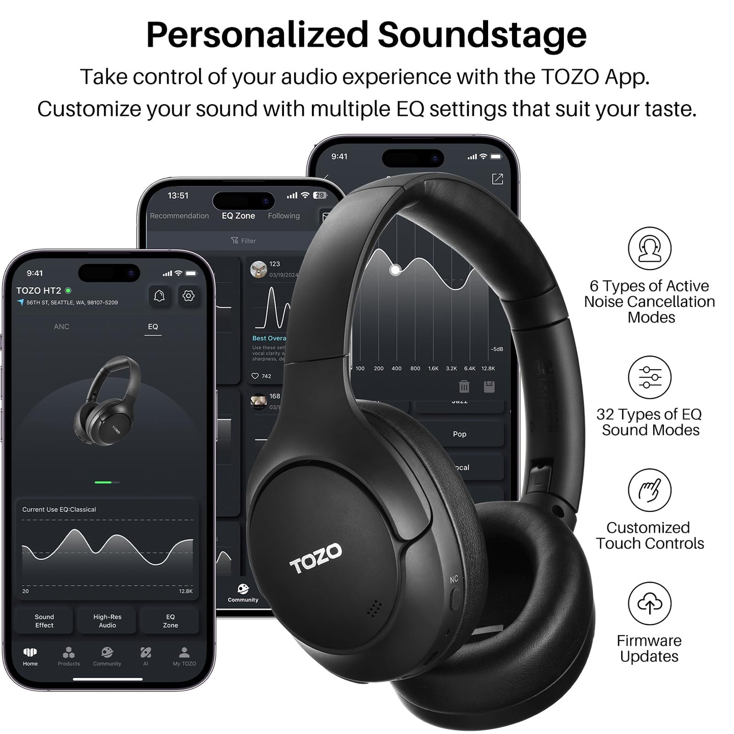 TOZO HT2 Hybrid Active Noise Cancelling Headphones, Wireless Over Ear Bluetooth Headset, 60H Playtime, Hi-Res Audio Custom EQ via App Deep Bass Comfort Fit Ear Cups, for Home Office Travel Black