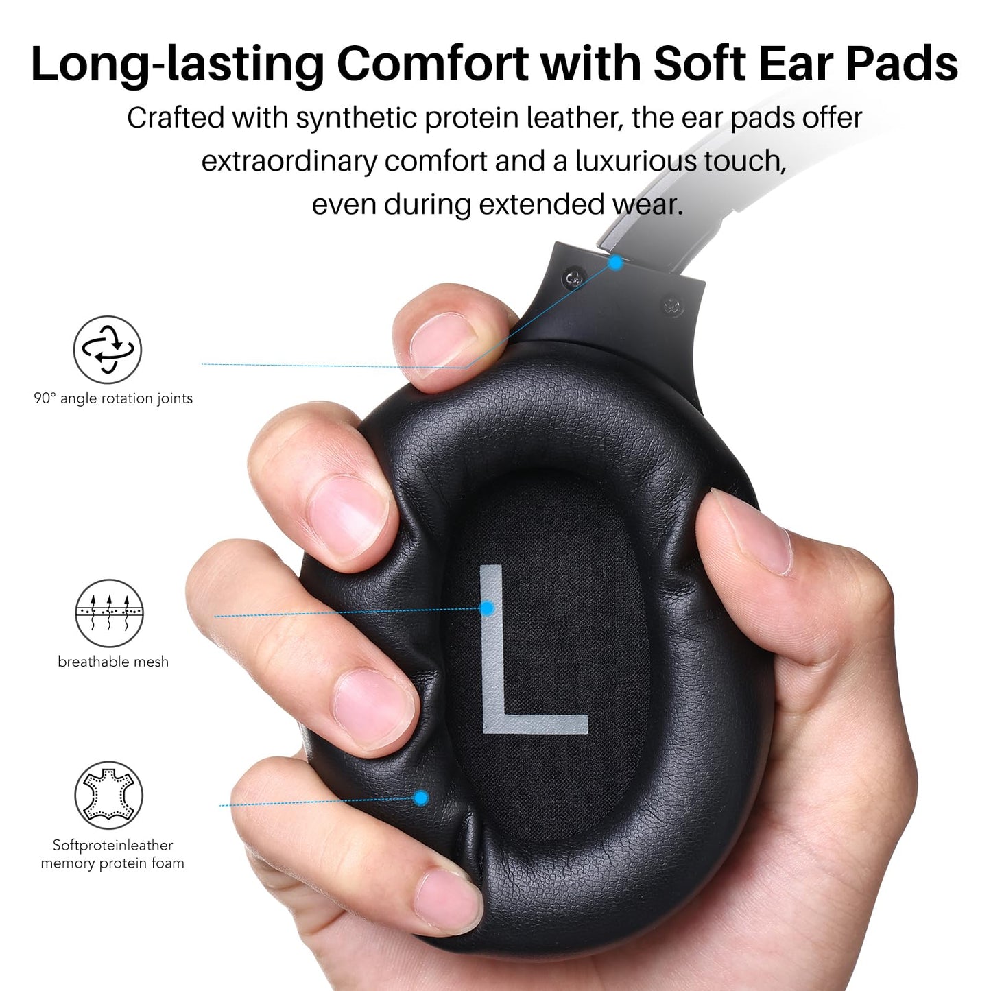 TOZO HT2 Hybrid Active Noise Cancelling Headphones, Wireless Over Ear Bluetooth Headset, 60H Playtime, Hi-Res Audio Custom EQ via App Deep Bass Comfort Fit Ear Cups, for Home Office Travel Black