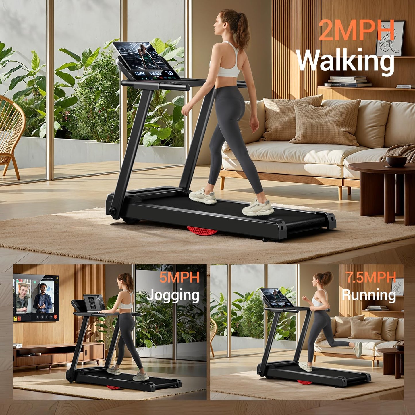 Folding Treadmills for Home, 2.5 HP Quiet Brushless Treadmill with Flipped Screen, Pulse Sensor, 7.5 MPH, 300 LBS Capacity