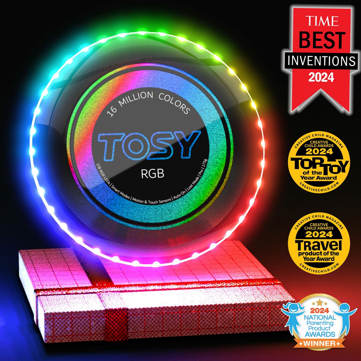 TOSY 16 Million Color Flying Disc - 36 RGB LEDs, Extremely Bright, Smart Modes, Countless Styles, Auto Light Up, Rechargeable, Perfect Birthday & Camping Gift for Men/Boys/Teens/Kids, 175g frisbees